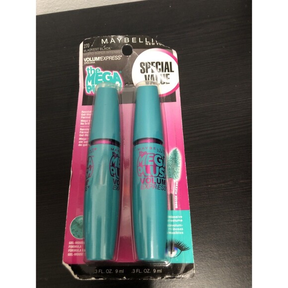 One PK/2 MASCARA Maybelline the MEGA PLUSH BLACKEST BLACK 270 Washable MASCARA - Picture 1 of 2